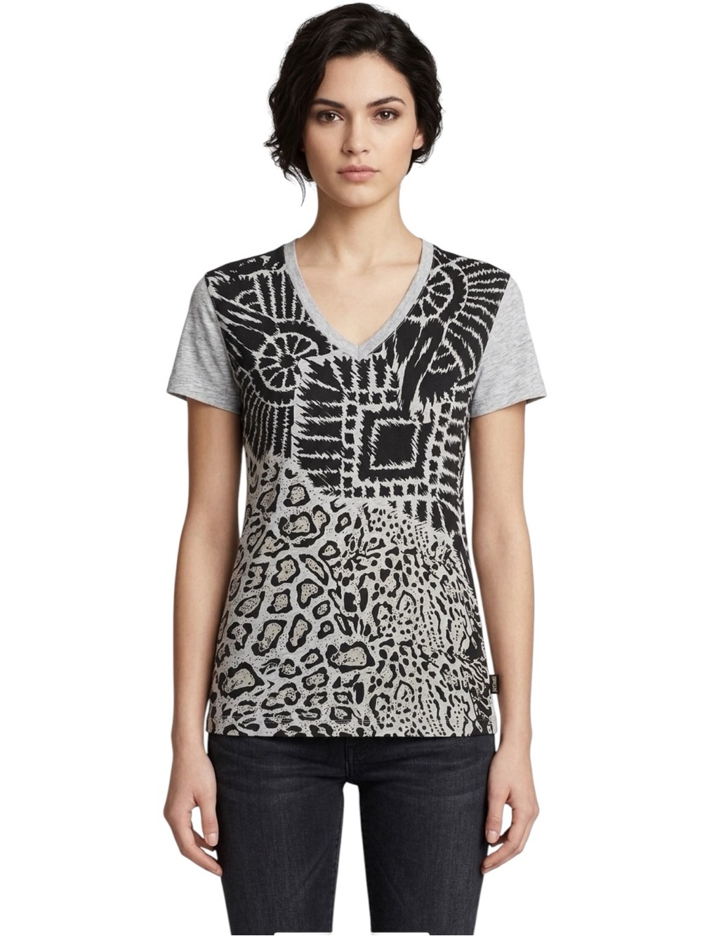 Roberto Just Cavalli Vintage Y2K Animal Leopard Graphic V Top T-Shirt Gray Black